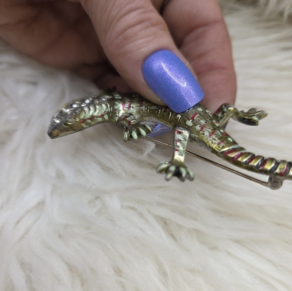 Vintage 1940s Coro Lizard Rhinestone Enamel Brooch Pin - Picture 5 of 11